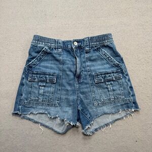 American Eagle Cargo Shorts Womens 2 Blue Denim High Rise Cut Off Utility Rugged